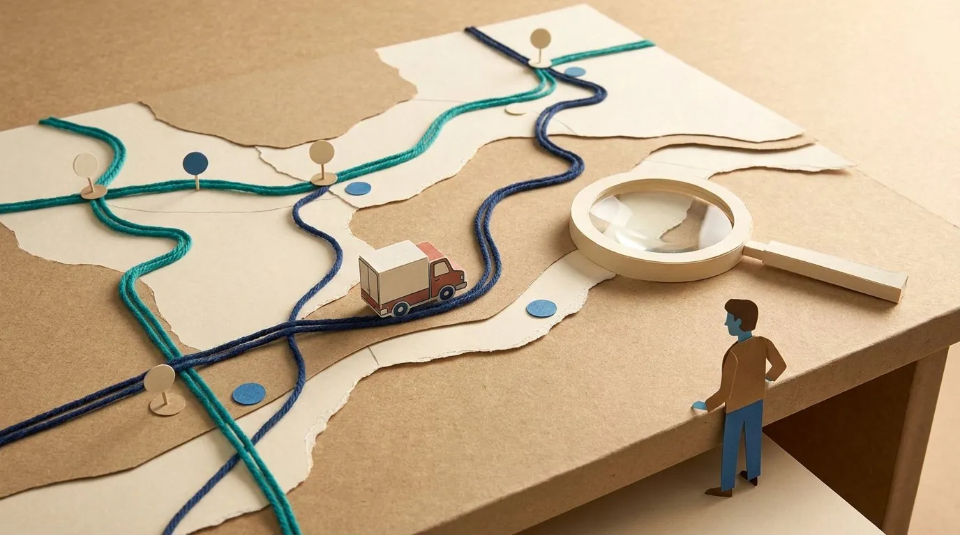 Iemand bekijkt een routekaart met een vergrootglas