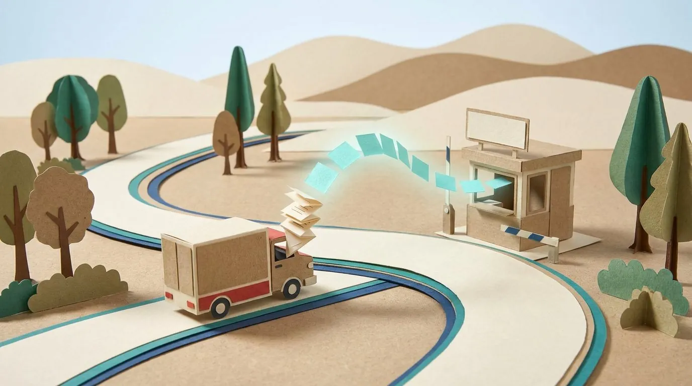 Een papieren vrachtwagen bij een grenspost met een slagboom