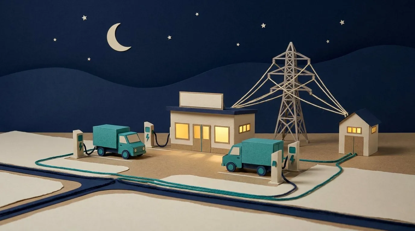 Elektrische vrachtwagens die 's nachts laden bij een depot
