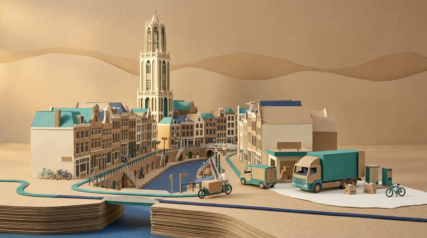 Een bestelbus, een vrachtwagen en een bakfiets in de binnenstad van Utrecht