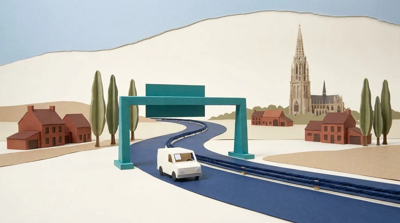 Een bestelwagen rijdt onder een portaal door op een Vlaamse weg, met een kathedraal op de achtergrond