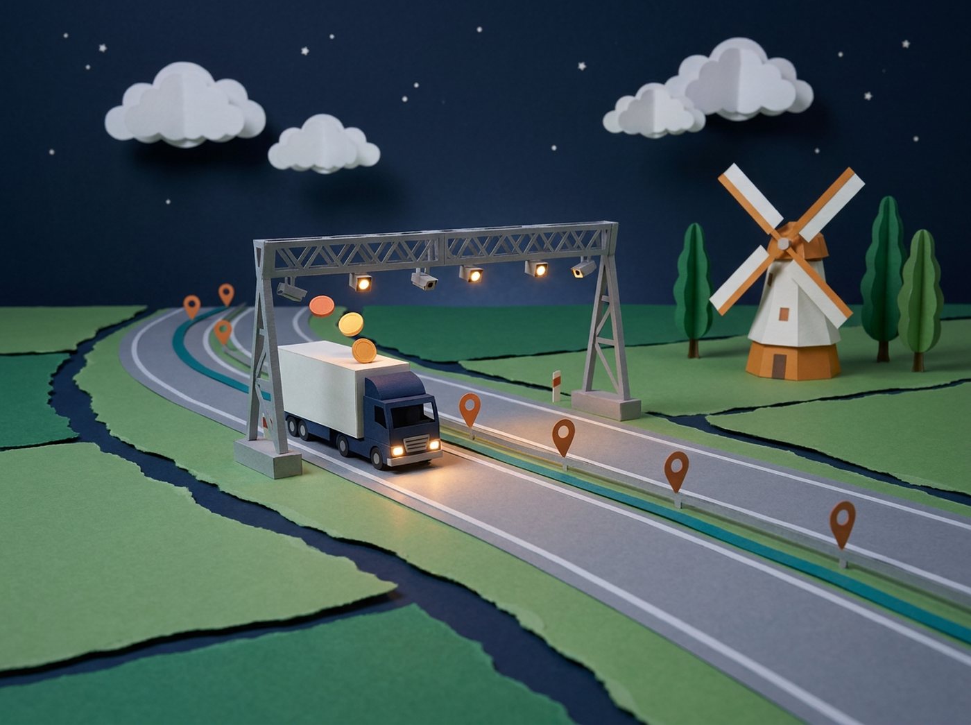 Papieren vrachtwagen onder een tolpoort op een Nederlandse snelweg in de avond