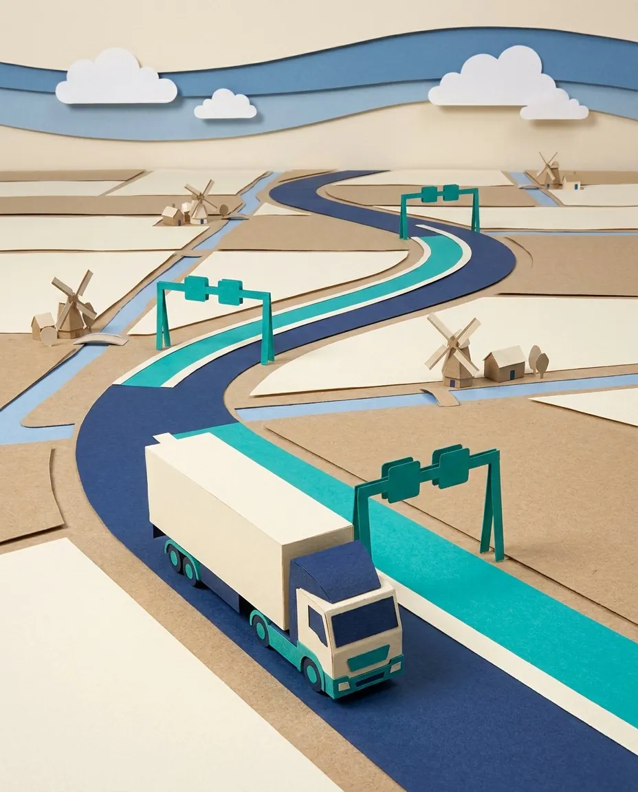 Een vrachtwagen op een snelweg met heffingsportalen in een polderlandschap