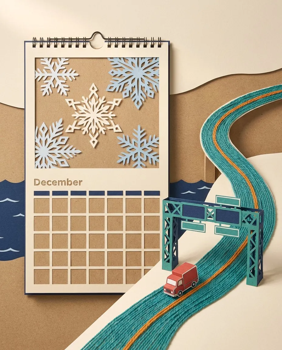 Een decemberkalender naast een weg met een heffingsportaal en een vrachtwagen