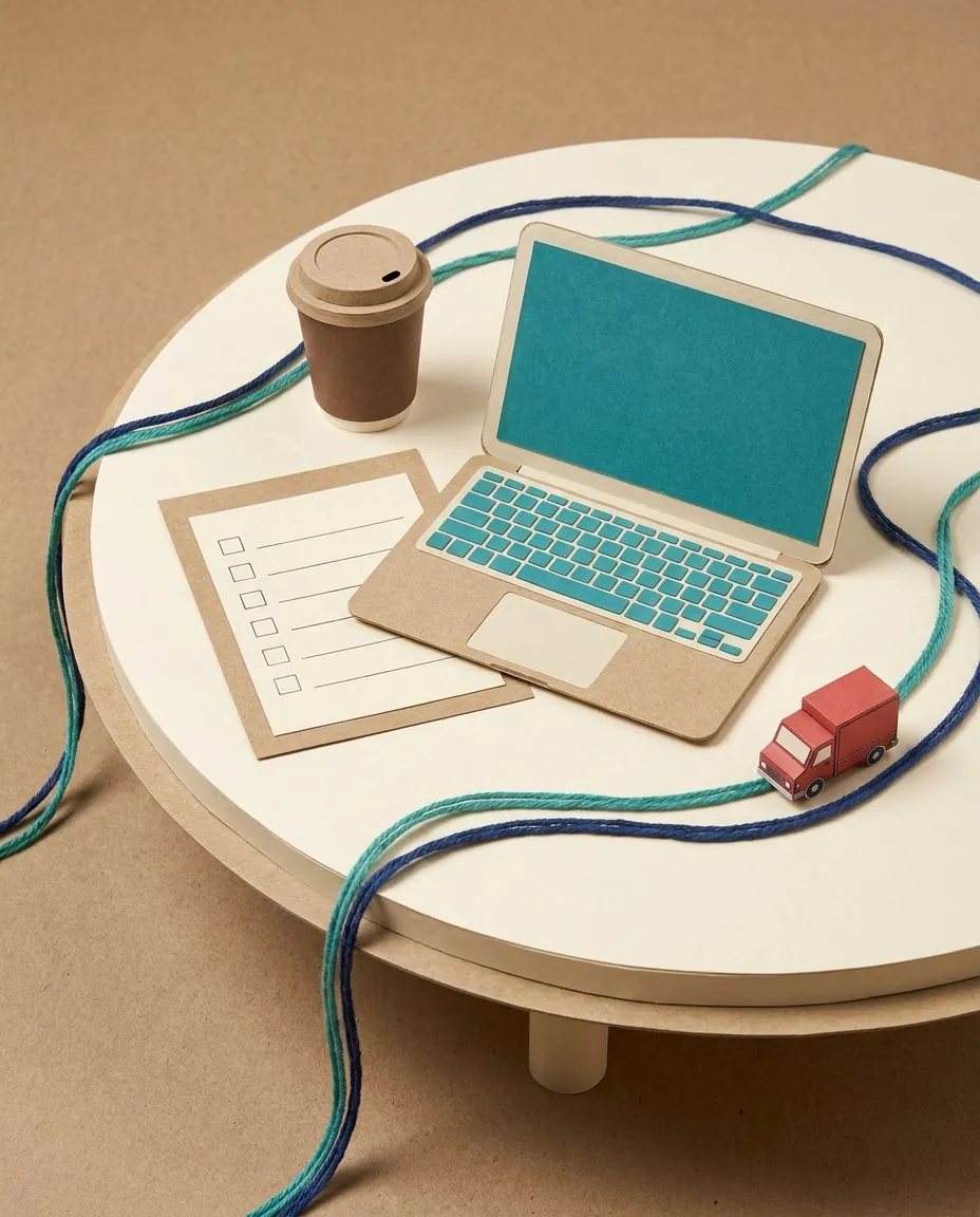Een laptop, een afvinklijst en een beker koffie op een tafel, met een bestelwagen op een route van draad