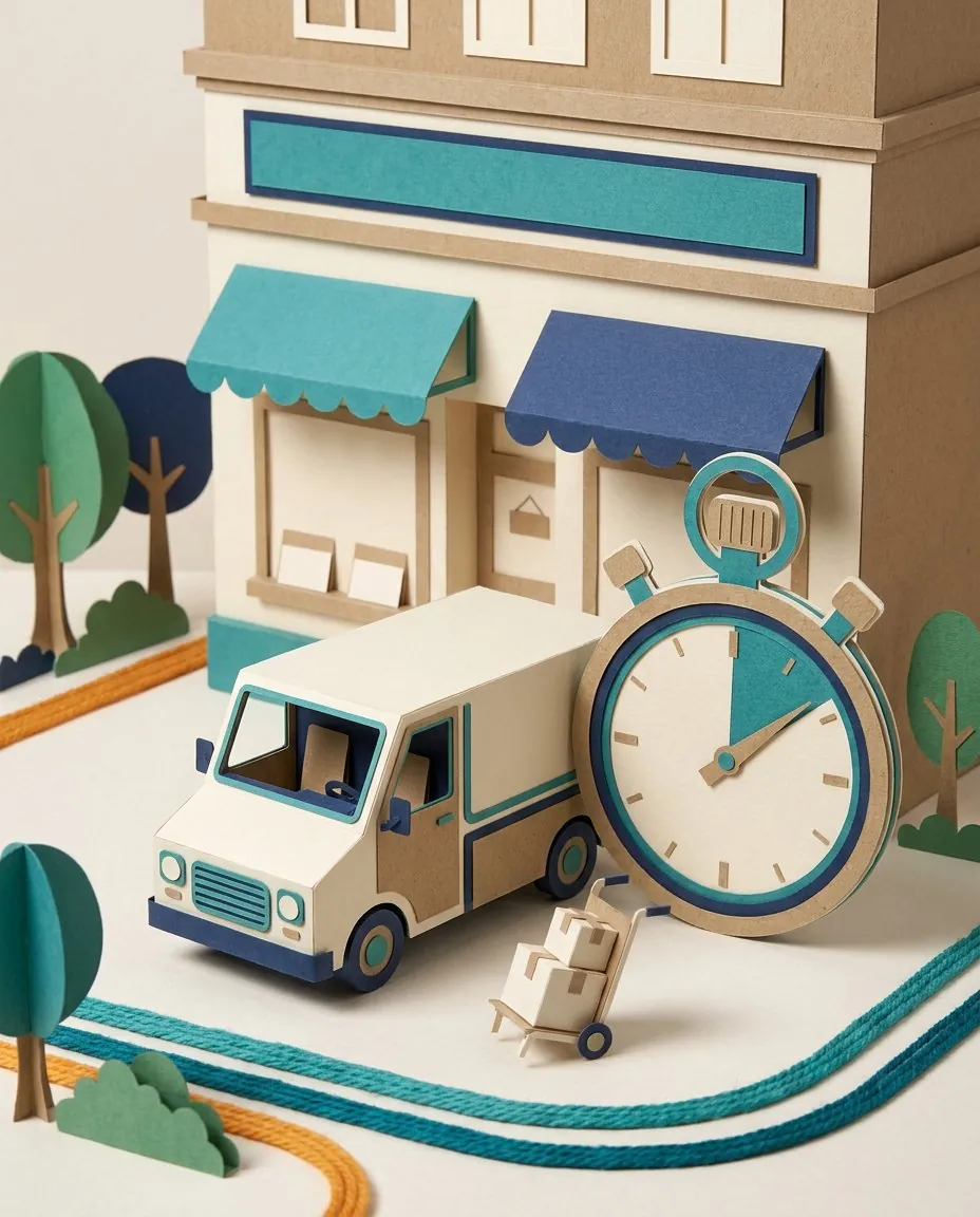 Een bestelwagen voor een winkel, naast een grote stopwatch