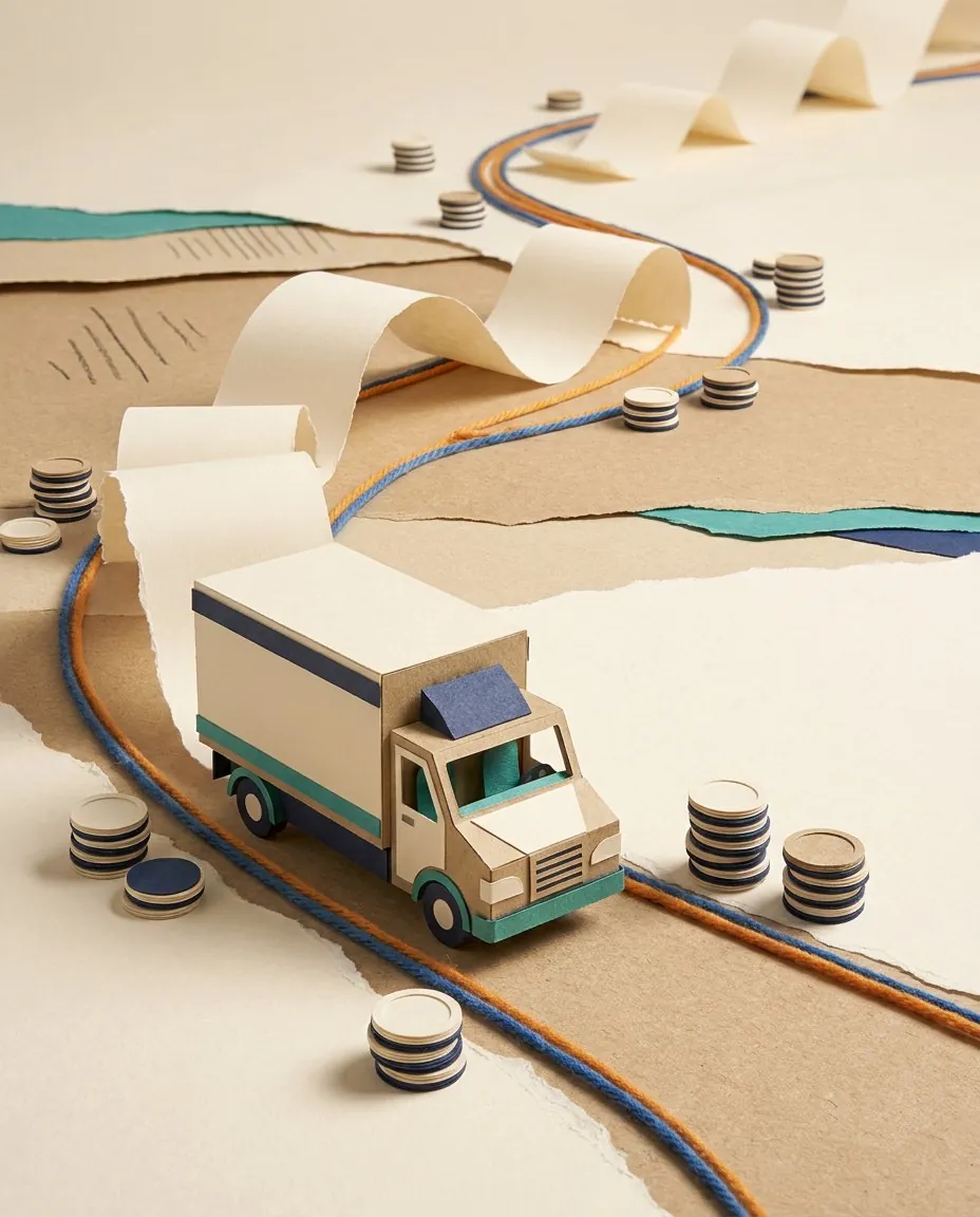 Een vrachtwagen met een lange kassabon en muntstapels langs de weg