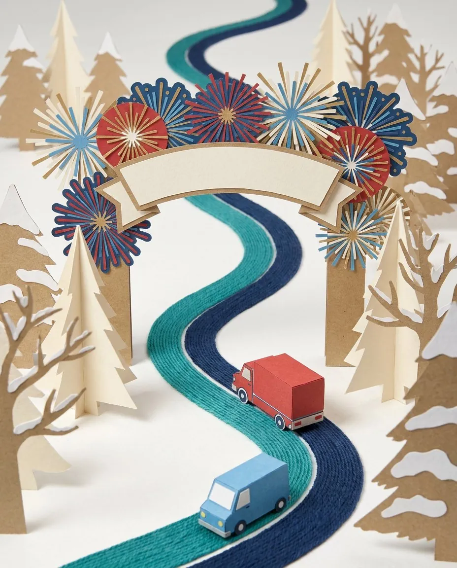 Een bestelbus en een vrachtwagen rijden onder een boog met vuurwerk door een winterlandschap