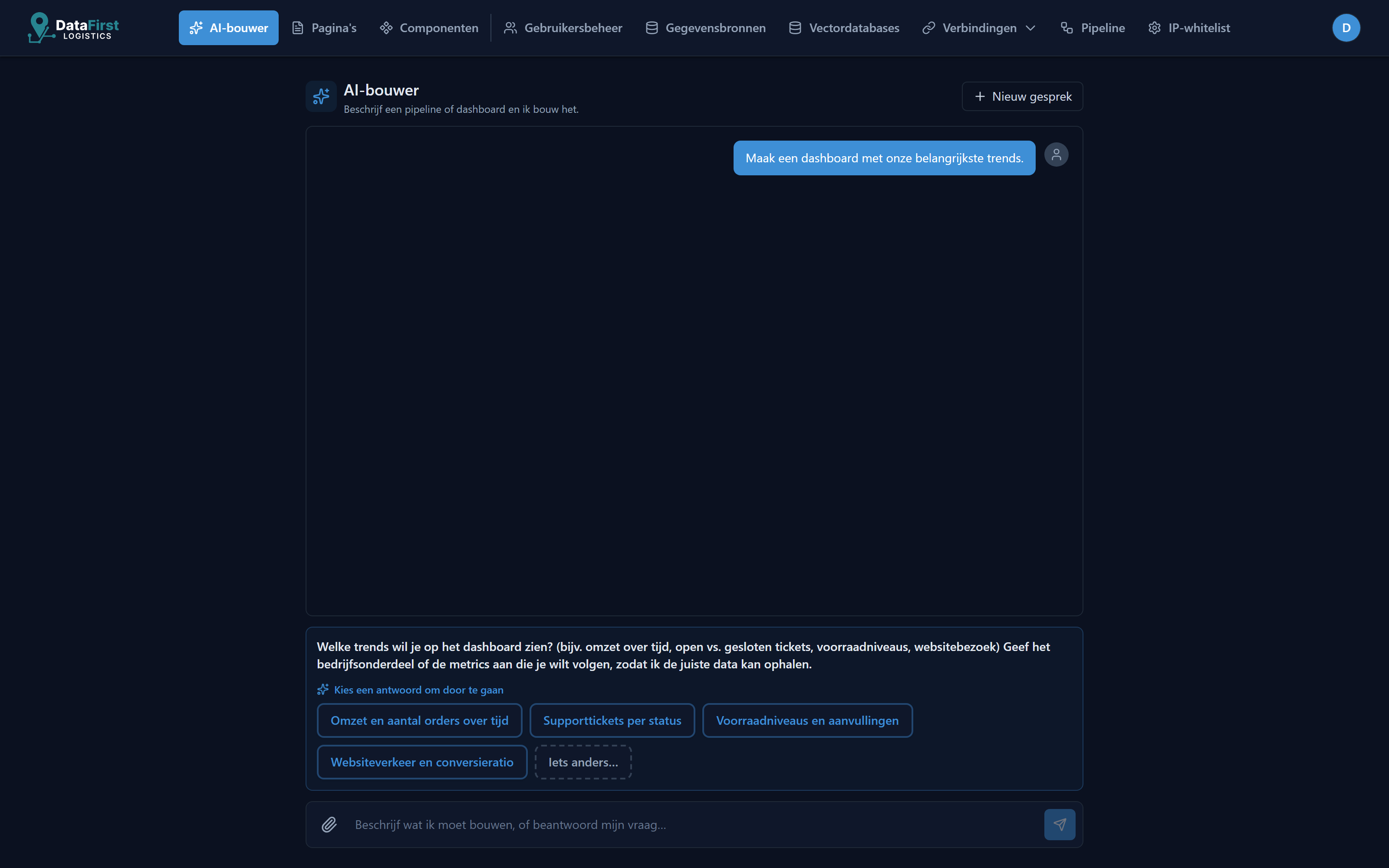 Nexora AI-bouwer die een verduidelijkende vraag stelt
