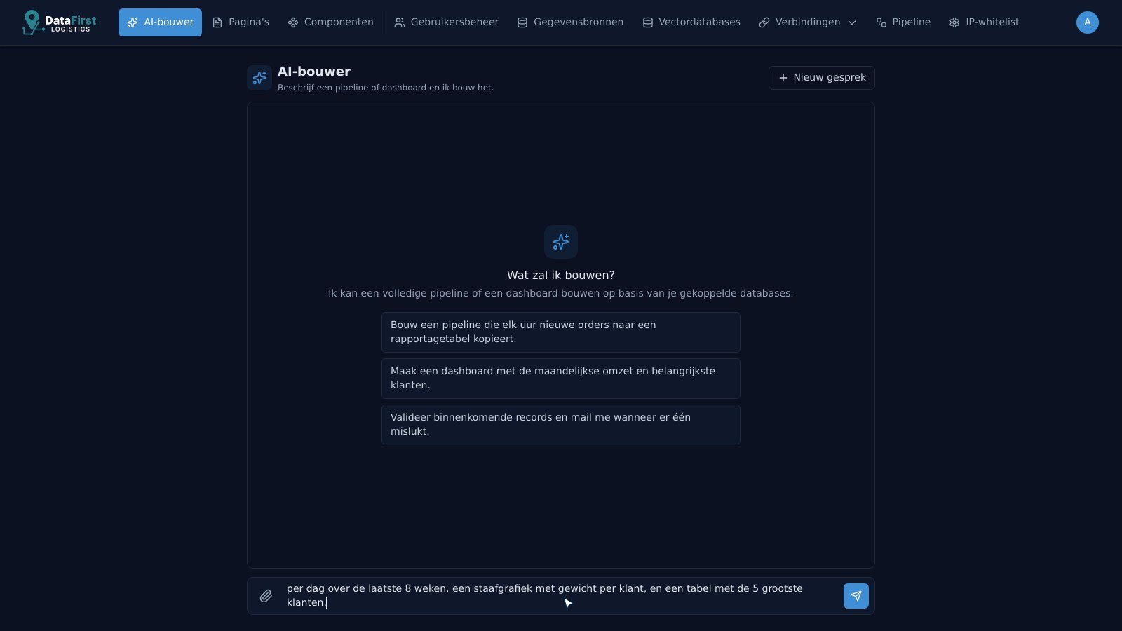 Grafora AI-bouwer die een verduidelijkende vraag stelt