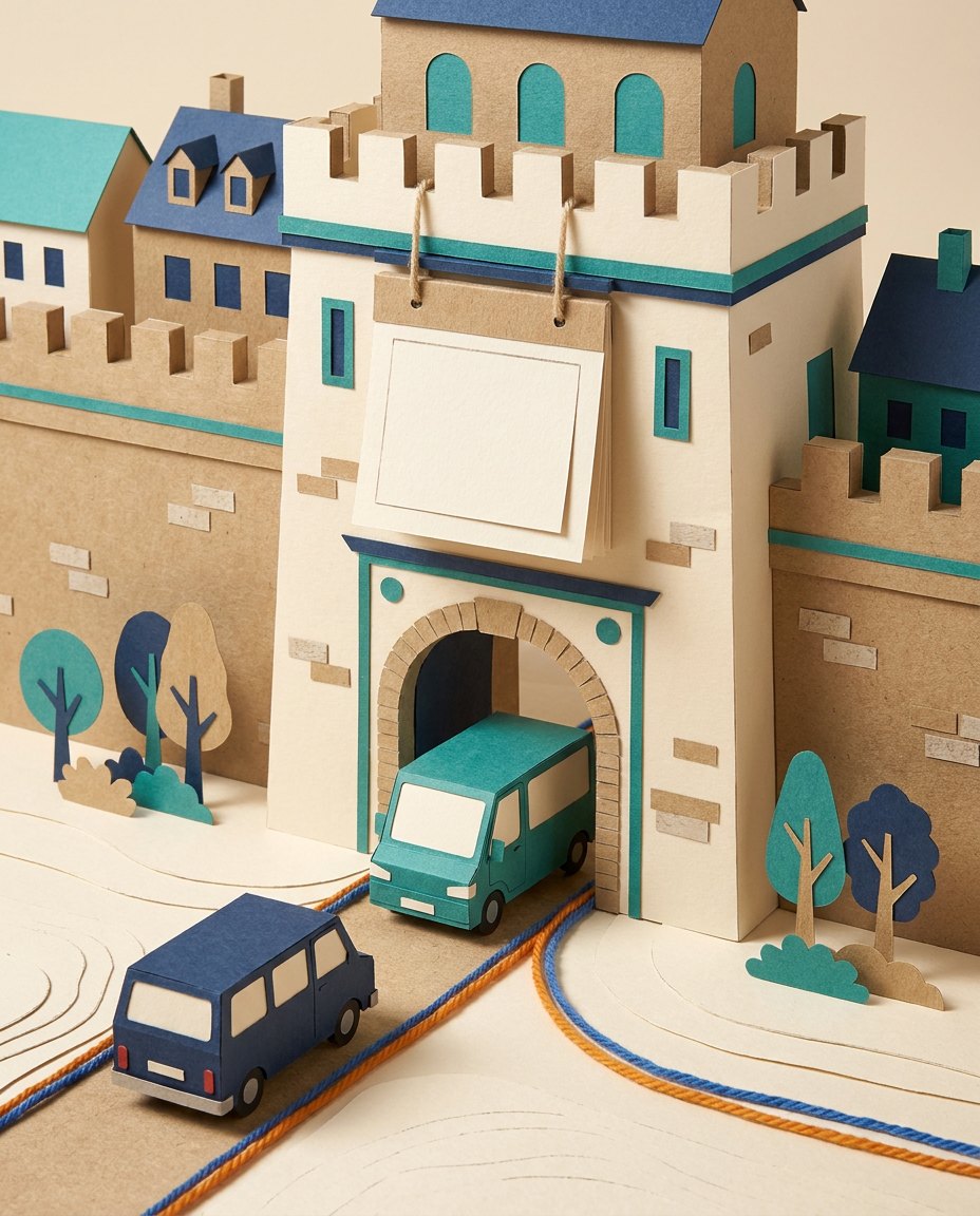 Bestelbussen bij een stadspoort